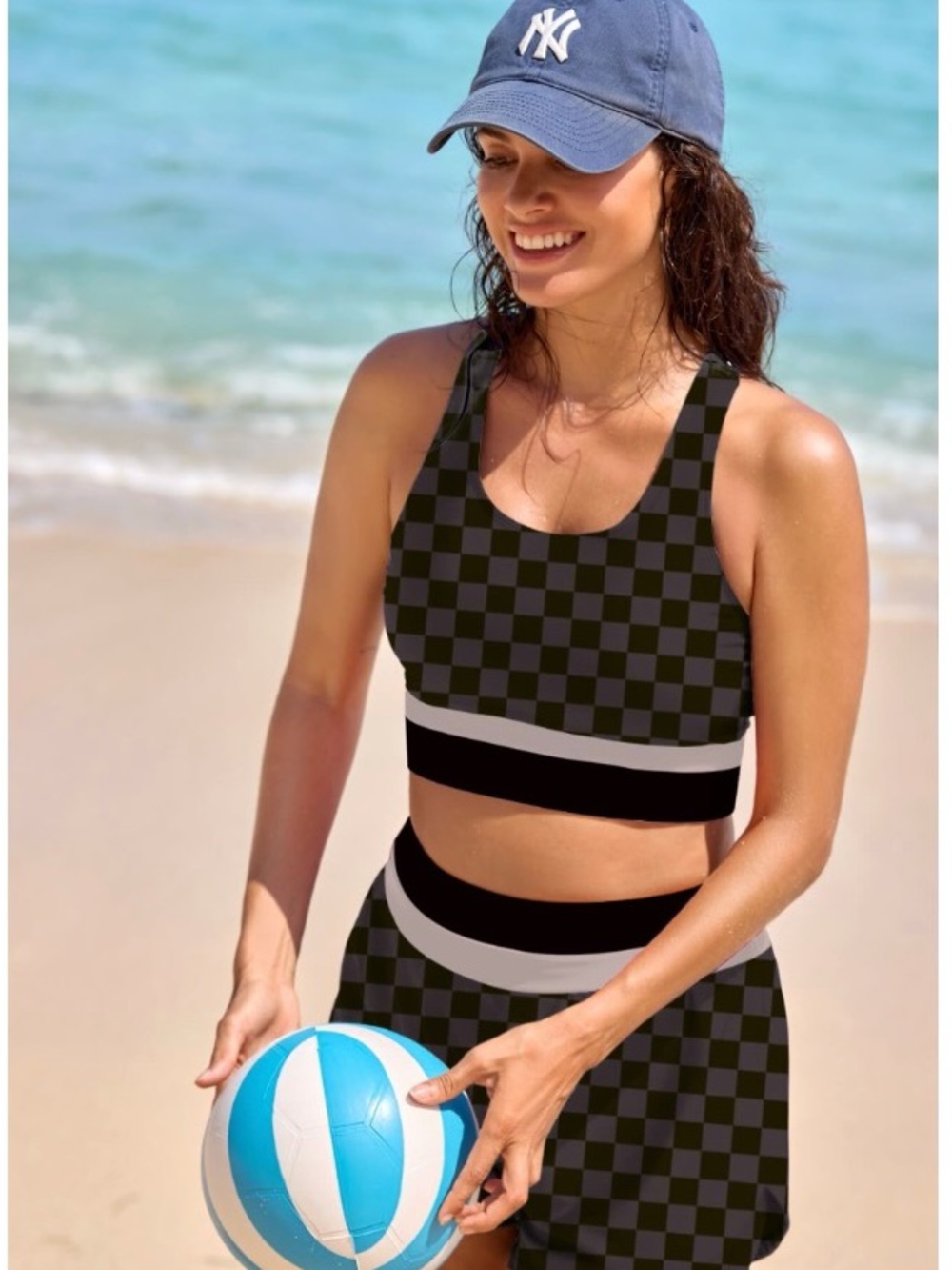 NWT Black Checked Racer-Back Bathing Suit Top | Large